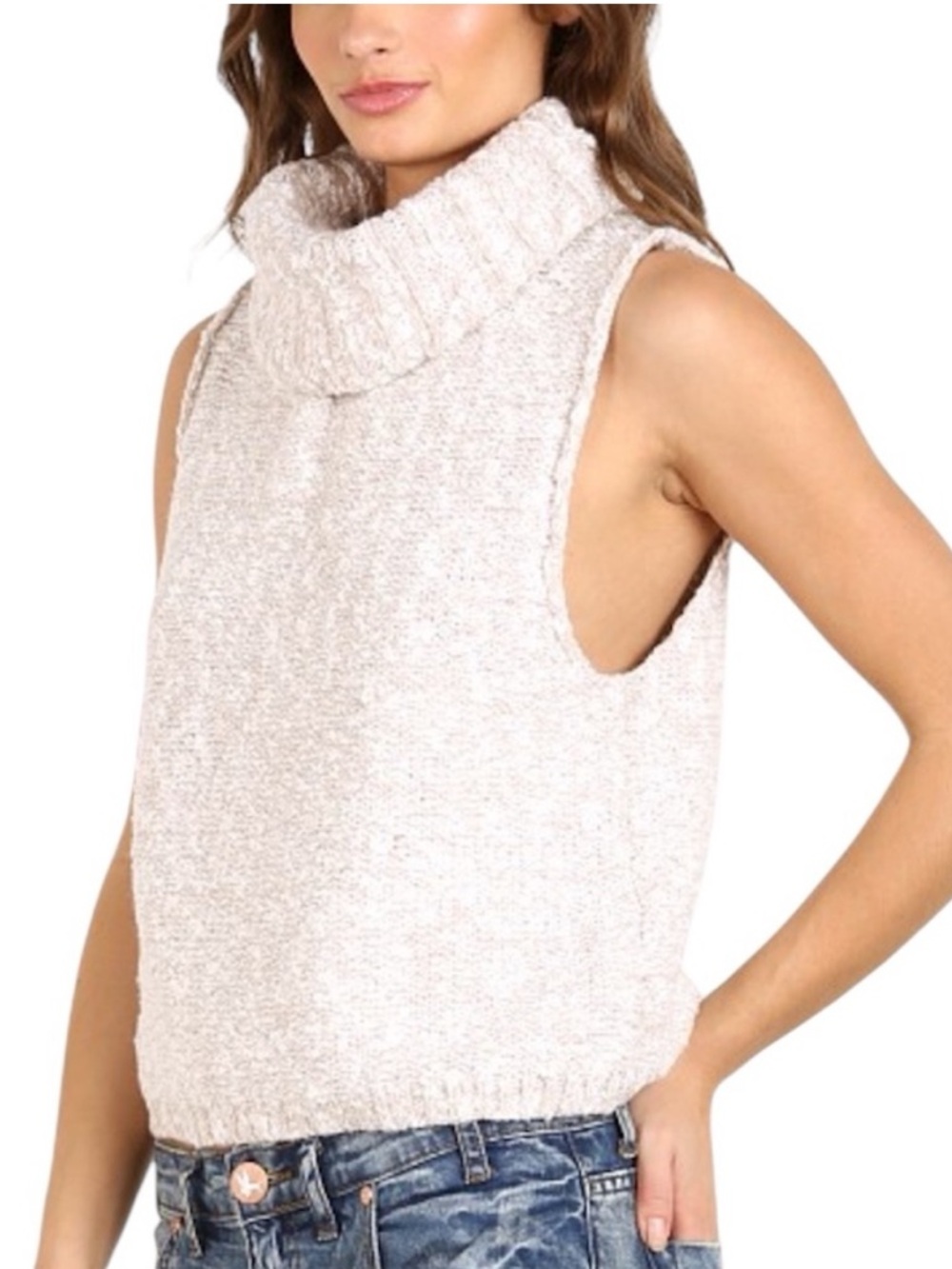 Free People Little White Lies Vest Oatmeal Size Large OB474007 Boho Cowl Neck